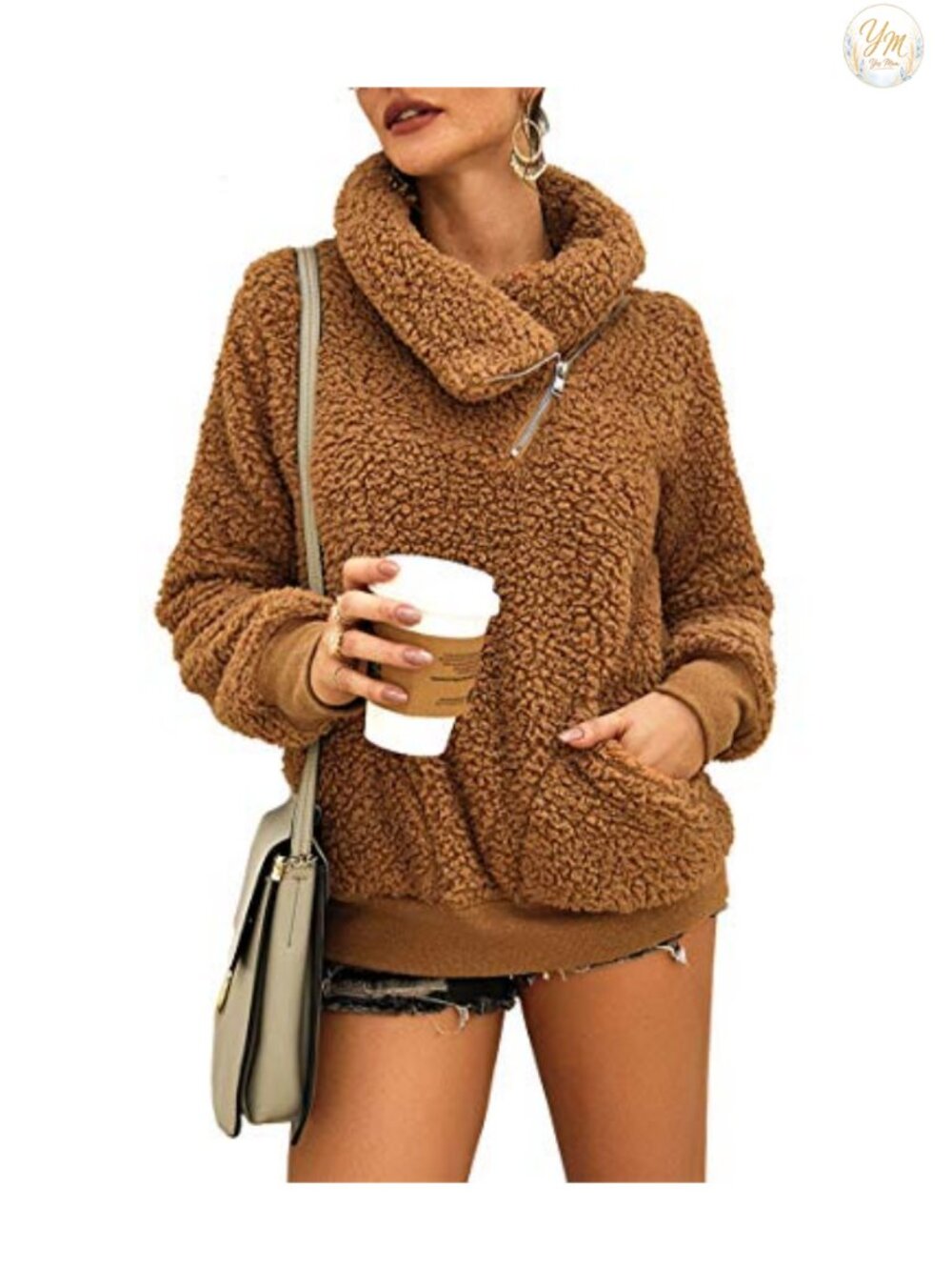 Women's Sherpa Fleece Pullover Zip Sweatshirt with Pockets